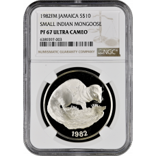 Jamaica 10 dollars 1982, NGC PF67 UC, "Small Indian Mongoose"