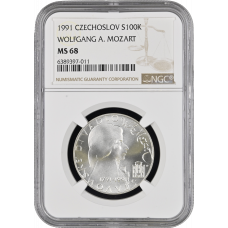 Czechoslovakia 100 korun 1991, NGC MS68, "200th Anniversary - Death of Wolfgang A. Mozart" Top Pop