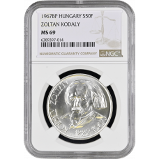 Ungarn 50 Forint 1967, NGC MS69, "85. Geburtstag von Zoltan Kodaly" Top Pop