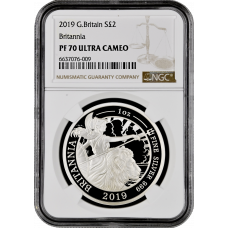 Great Britain 2 pounds 2019, NGC PF70 UC, "Britannia standing beside a lion"