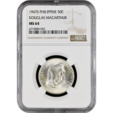 Филиппины 50 сентаво 1947 г. S, NGC MS64, "Генерал Дуглас Макартур"