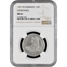 Constance 1/4 thaler 1761 FH, NGC MS61, "Conrad of Rodt (1750 - 1775)" Top Pop