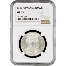 Romania 25000 lei 1946, NGC MS63, "King Michael I (1940 - 1947)"