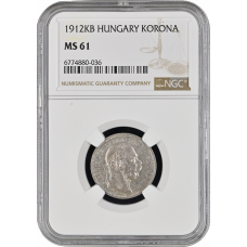 Hungary 1 korona 1912 KB, NGC MS61, "Emperor Franz Joseph I (1848 - 1916)"