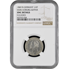 Saxe-Coburg-Gotha 1/6 thaler 1869 B, NGC UNC Det., "25th Reign of Duke Ernst II"