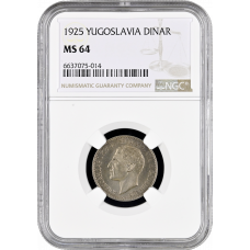 Yugoslavia 1 dinar 1925, NGC MS64, "King Alexander I (1921 - 1934)"