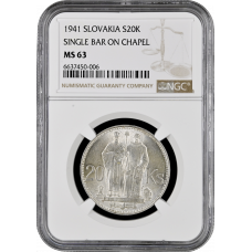 Slovakia 20 korun 1941, NGC MS63, "St. Kyrill and St. Methodius"