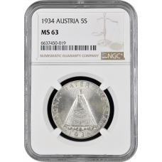 Austria 5 schilling 1934, NGC MS63, "First Republic (Shilling) (1925 - 1938)"