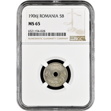 Romania 5 bani 1906 J, NGC MS65, "King Carol I (1881 - 1914)"