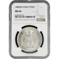 Chile 1 peso 1882 So, NGC MS64, "Republic of Chile (1851 - 1898)"