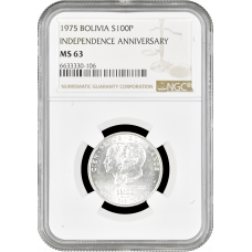 Bolivia 100 pesos 1975, NGC MS63, "150th Anniversary of Independence"