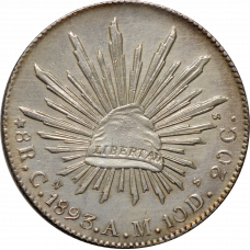 Mexico 8 reals 1893 Cn AM, AU, "Republic of Mexico (real) (1823 - 1897)"