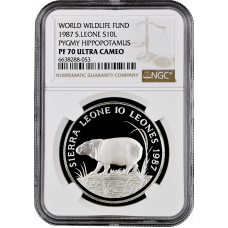 Sierra Leone 10 leones 1987, NGC PF70 UC, "World Wildlife Fund - Pygmy Hippopotamus" Top Pop