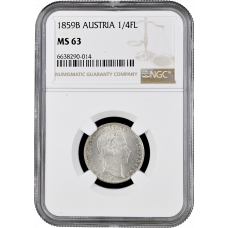 Austria 1/4 florin 1859 B, NGC MS63, "Emperor Franz Joseph I (1848 - 1916)"