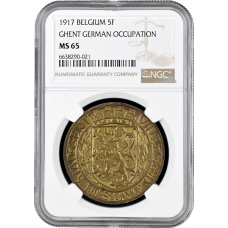 Belgium 5 francs 1917, NGC MS65, "Ghent - WW1 German Occupation Coinage" Top Pop