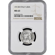 Italy 1 lira 1913 R, NGC MS63, "King Vittorio Emanuele III (1900 - 1946)"