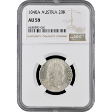 Austria 20 kreuzer 1848 A, NGC AU58, "Emperor Ferdinand I (1835 - 1848)"