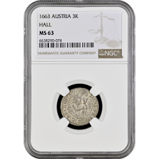 Austria 3 kreuzer 1663 HALL, NGC MS63, "Archduke Sigismund Francis (1663 - 1665)"