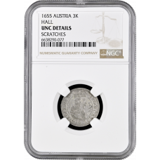 Austria 3 kreuzer 1655 HALL, NGC UNC Det., "Archduke Ferdinand Charles (1646 - 1662)" DATE VERTICAL