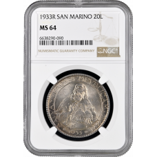 San Marino 20 lire 1933 R, NGC MS64, "Republic of San Marino (1864 - 1938)"