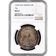 San Marino 20 lire 1935 R, NGC MS63, "Republic of San Marino (1864 - 1938)"