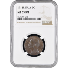 Italy 5 centesimi 1918 R, NGC MS63 BN, "King Vittorio Emanuele III (1900-1946)"