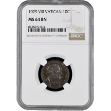 Vatican City 10 centesimi 1929, NGC MS64 BN, "Pope Pius XI (1929 - 1938)"