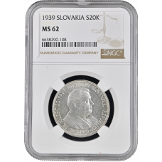 Slovakia 20 korun 1939, NGC MS62, "Jozef Tiso - the First President"