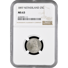 Netherlands 25 cents 1897, NGC MS63, "Queen Wilhelmina (1890 - 1948)"