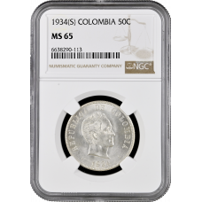 Colombia 50 centavos 1934 (S), NGC MS65, "President Simon Bolivar (1819 - 1830)"