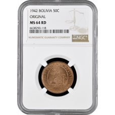 Bolivia 50 centavos 1942, NGC MS64 RD ORIGINAL, "Republic of Bolivia (1870 - 1963)"