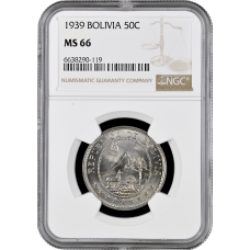 Bolivia 50 centavos 1939, NGC MS66, "Republic of Bolivia (1870 - 1963)"