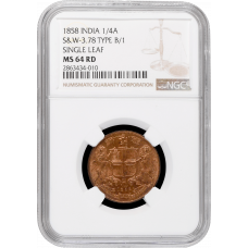 India - British 1/4 anna 1858, NGC MS64 RD, "East India Company (1834 - 1858)"