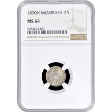 Mombasa 2 annas 1890 H, NGC MS64, "British East Africa Company (1888 - 1890)"