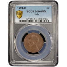 Italien 5 Centesimi 1918 R, PCGS MS64 BN, "König Vittorio Emanuele III (1900 - 1946)"