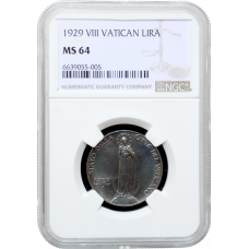 Vatican City 1 lira 1929, NGC MS64, "Pope Pius XI (1929 - 1938)"