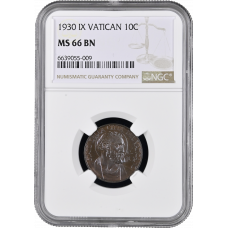 Vatican City 10 centesimi 1930, NGC MS66 BN, "Pius XI (1929 - 1938)" Top Pop 1/0