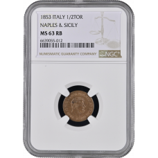 Naples & Sicily 1/2 tornese 1853, NGC MS63 RB, "Ferdinand II (1830-1859)" Small