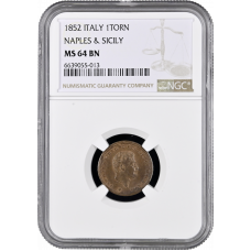 Naples & Sicily 1 tornese 1852, NGC MS64 BN, "King Ferdinand II (1830 - 1859)"