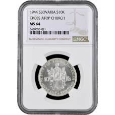 Slovakia 10 korun 1944, NGC MS64, "Cross Atop Church"