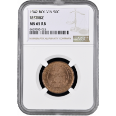 Bolivia 50 centavos 1942, NGC MS65 RB RESTRIKE, "Republic of Bolivia (1870 - 1963)"