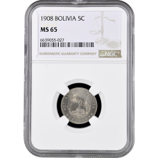 Bolivia 5 centavos 1908, NGC MS65, "Republic of Bolivia (1870 - 1963)" Top Pop 1/0