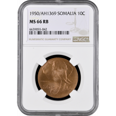 Somalia 10 centesimi 1950, NGC MS66 RB, "UN trust territory under Italian administration (1950 - 1960)" Top Pop 1/0