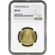 France 2 francs 1922, NGC MS65, "Third Republic (1870 - 1941)"