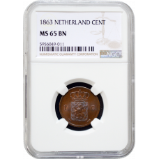 Niederlande 1 Cent 1863, NGC MS65 BN, "König Wilhelm III (1849 - 1890)" Top Pop