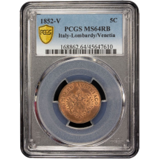 Lombardy-Venetia 5 centesimi 1852 V, PCGS MS64 RB, "Franz Joseph I (1848-1866)"