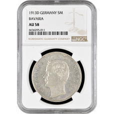 Bavaria 5 mark 1913 D, NGC AU58, "King Otto I (1886 - 1913)"