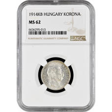 Hungary 1 korona 1914 KB, NGC MS62, "Emperor Franz Joseph I (1848 - 1916)"