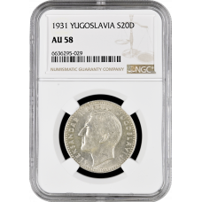 Yugoslavia 20 dinara 1931, NGC AU58, "King Alexander I (1921 - 1934)"