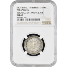 Swiss Medal 1828, NGC MS67, "300th Anniversary of the Bern Reformation" Top Pop